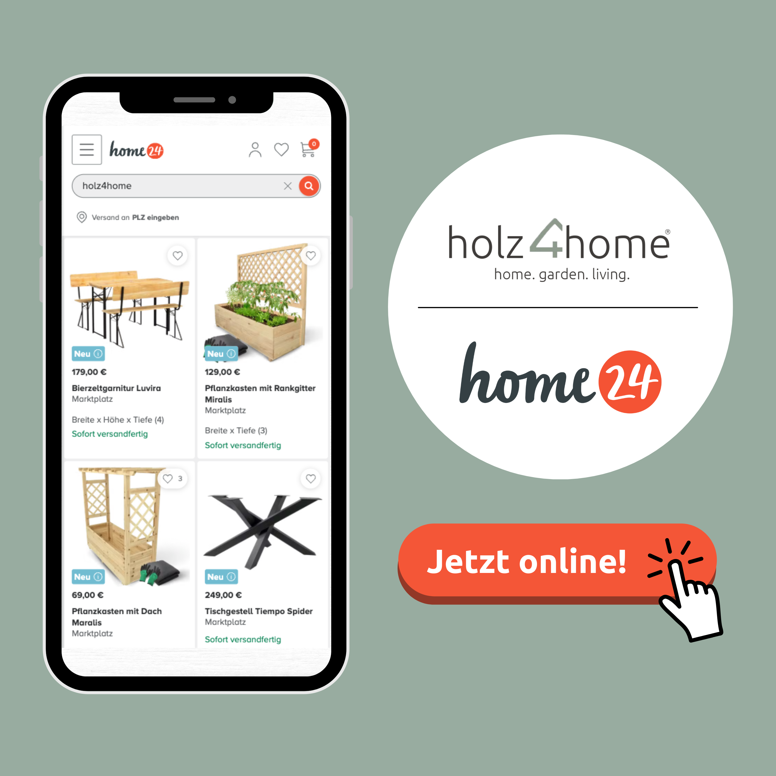 Grafiek over de samenwerking tussen holz4home en home24 met producten op een smartphone, nu online