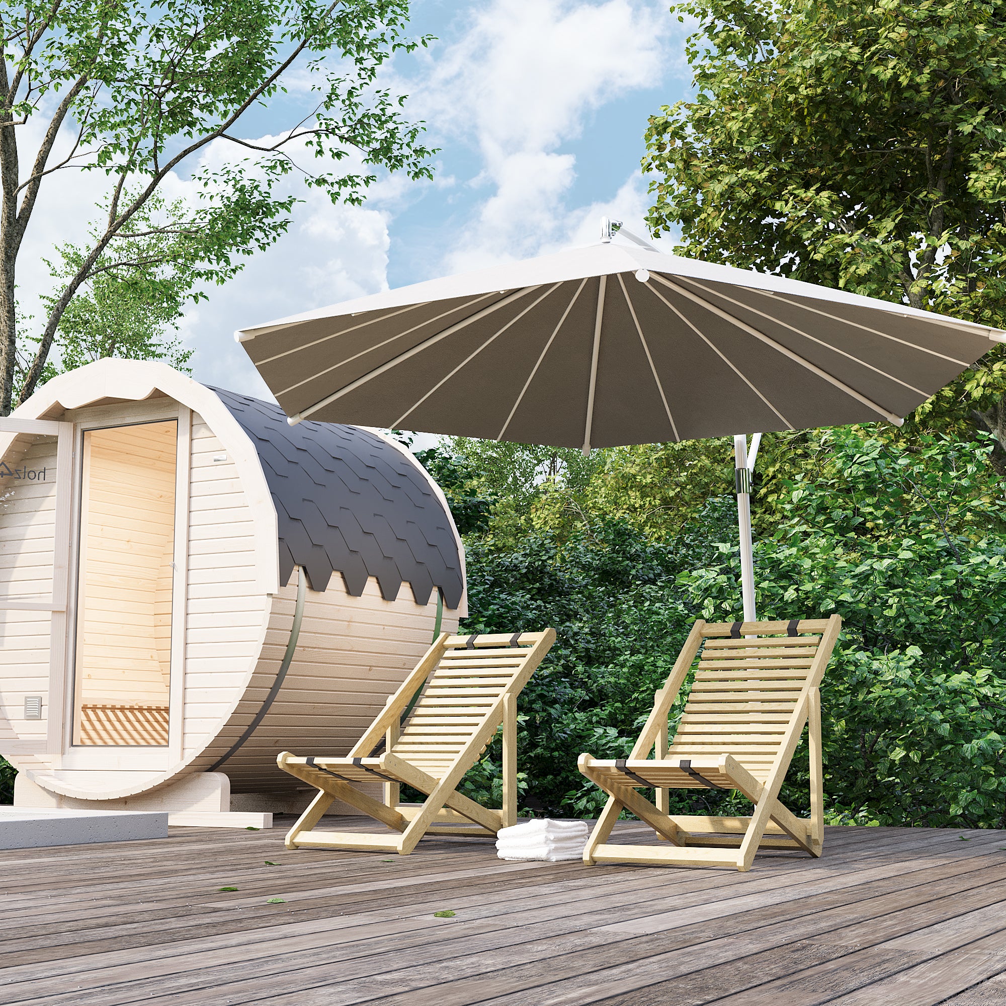 Barrelsauna met shingledak, twee ligstoelen en zweefparasol op het tuinterras