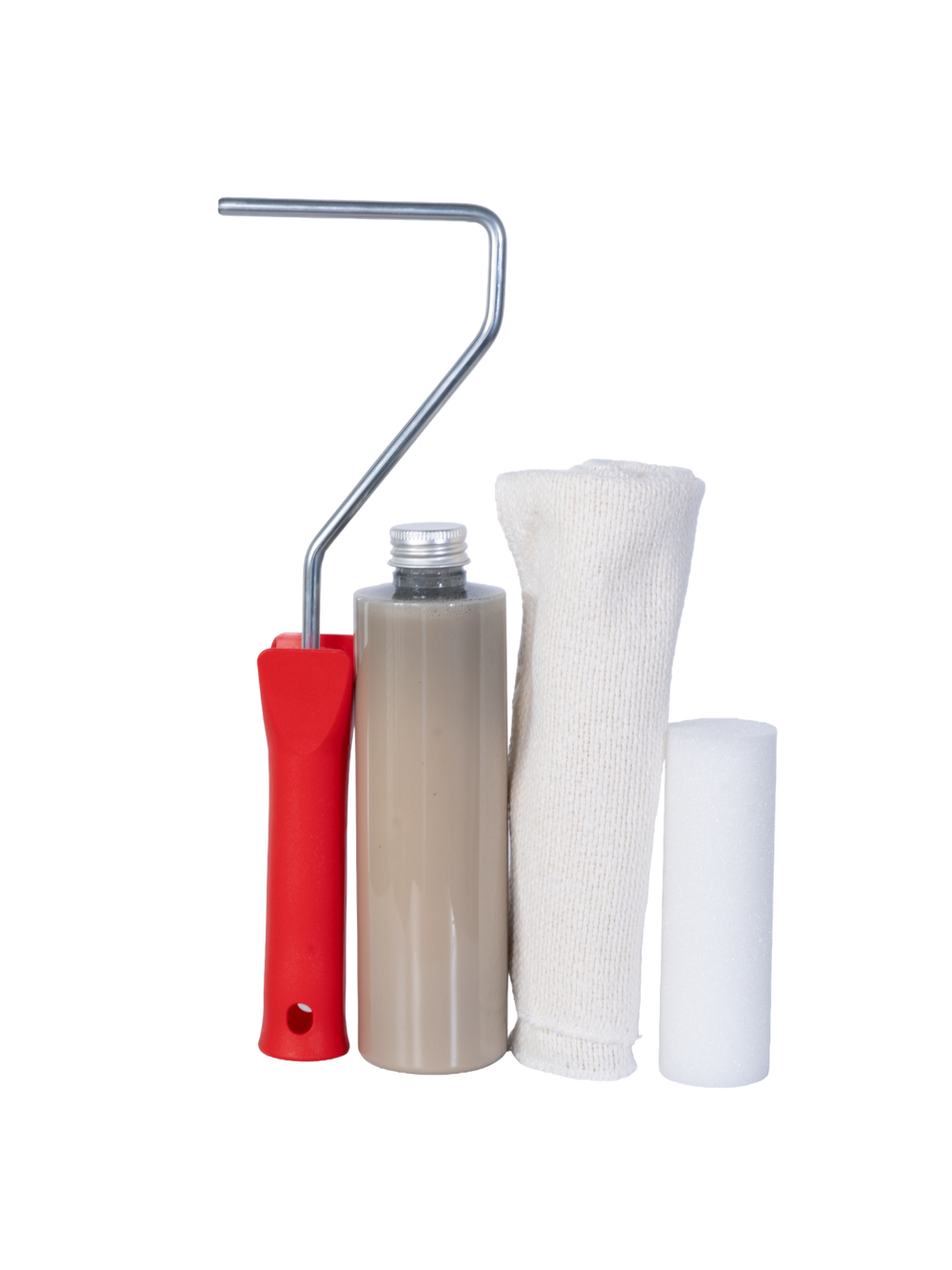Houtverzorgingsset Outdoor met verfroller, oliefles, katoenen doek en schuimroller op witte achtergrond