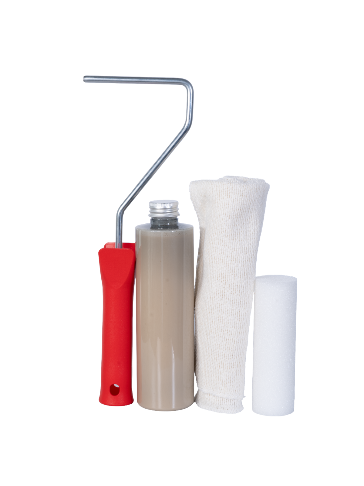 Houtverzorgingsset Outdoor met verfroller, oliefles, katoenen doek en schuimroller op witte achtergrond