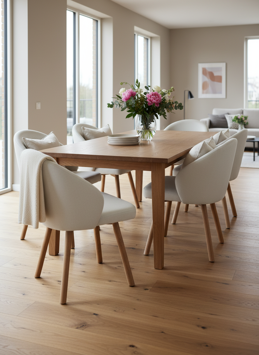 Crèmekleurige schaalstoelen aan een houten tafel met bloemboeket in het lichte eet- en woongedeelte