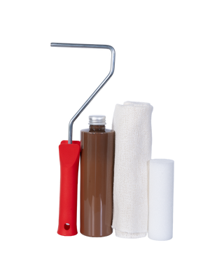 Houtverzorgingsset Outdoor in notenbruin met verfroller, oliefles, katoenen doek en schuimroller