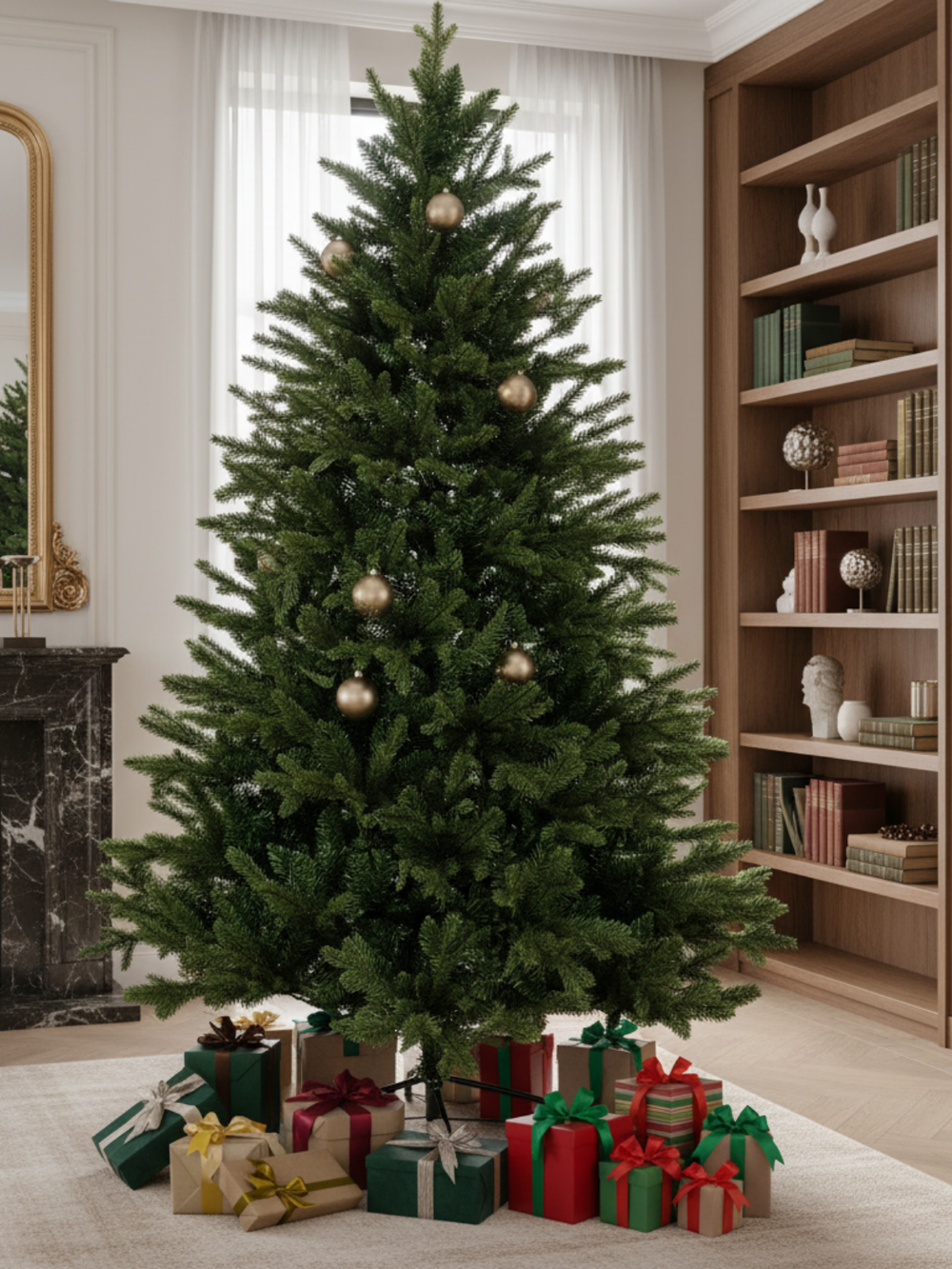Kunstkerstboom versierd met gouden kerstballen in de lichte woonkamer