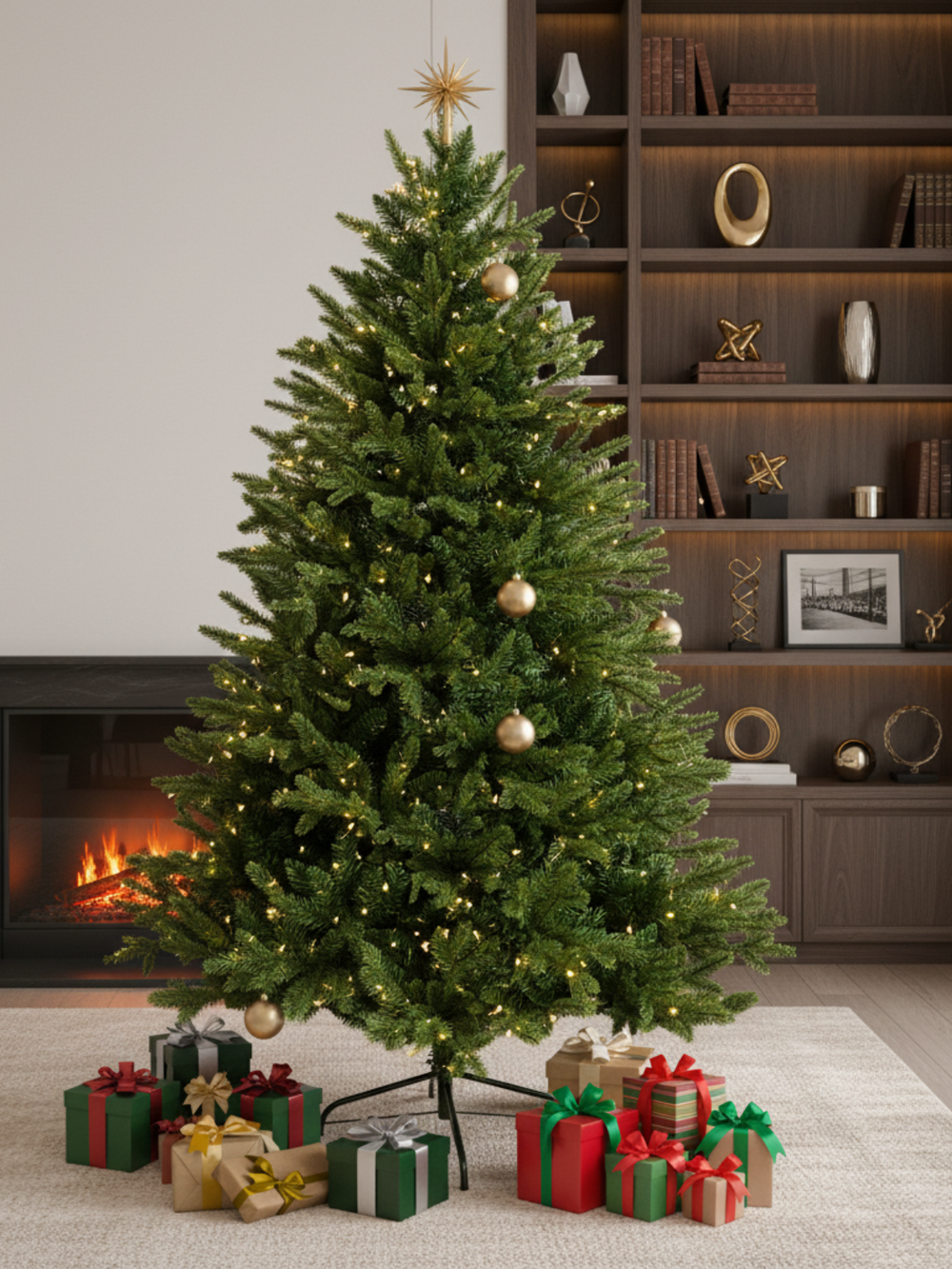 Kunstkerstboom met stertop en lichtsnoer voor een brandende open haard