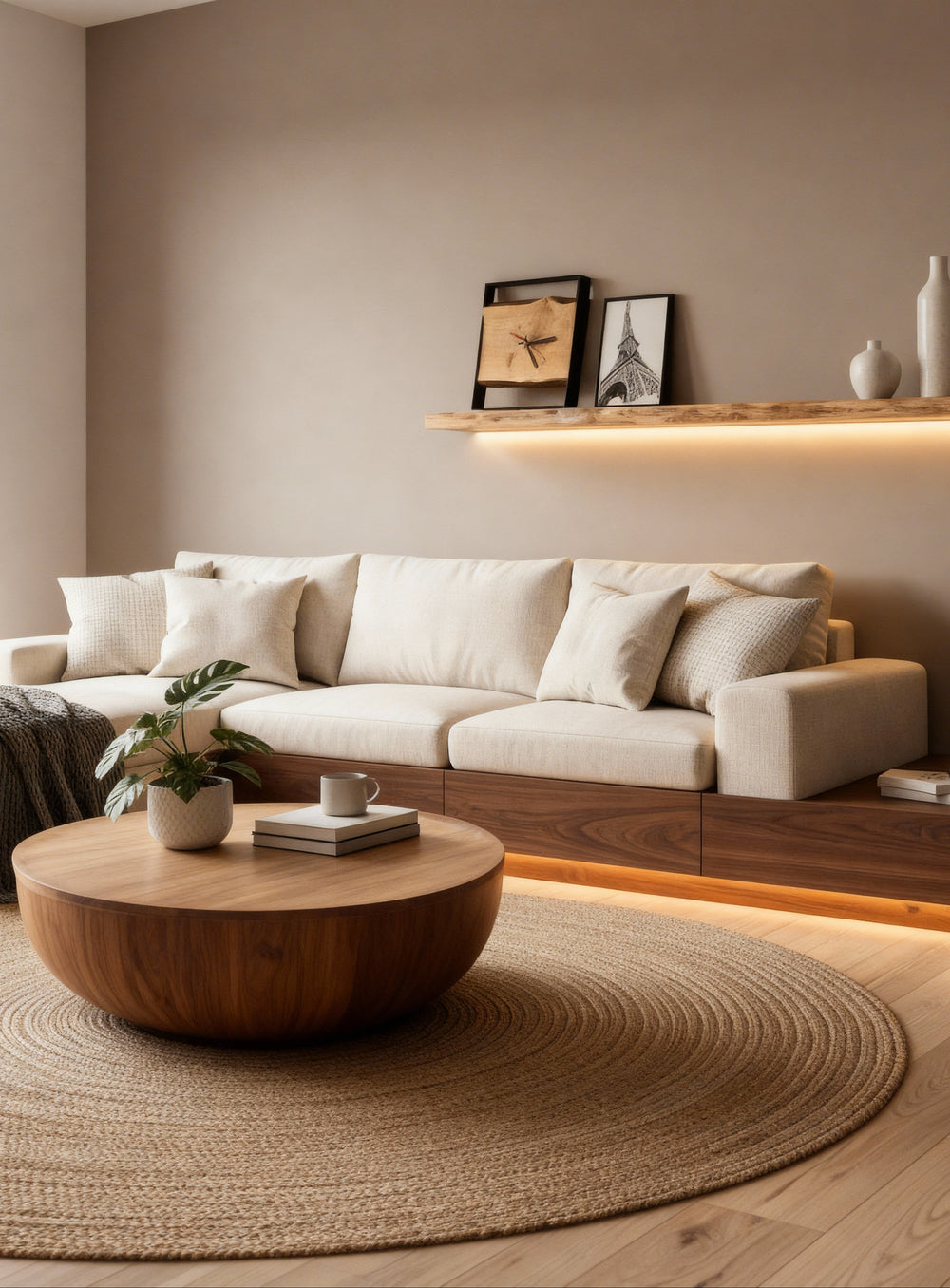 Vierkante wandklok met stalen frame en eikenplank op een wandrek boven een beige bank