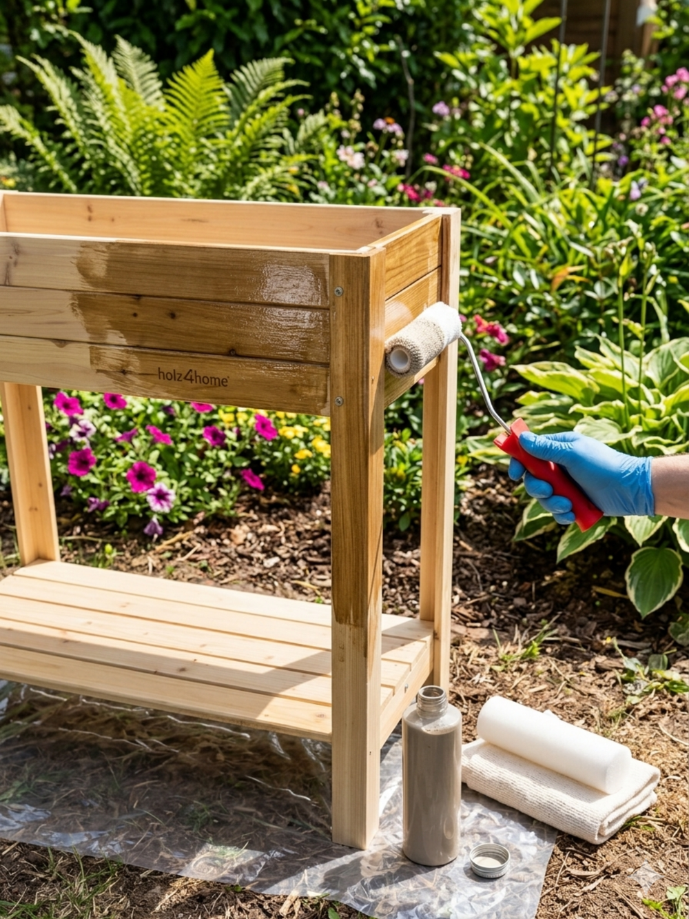 Aanbrengen van de houtverzorgingsset Outdoor met de roller op een moestuinbak van hout in de tuin