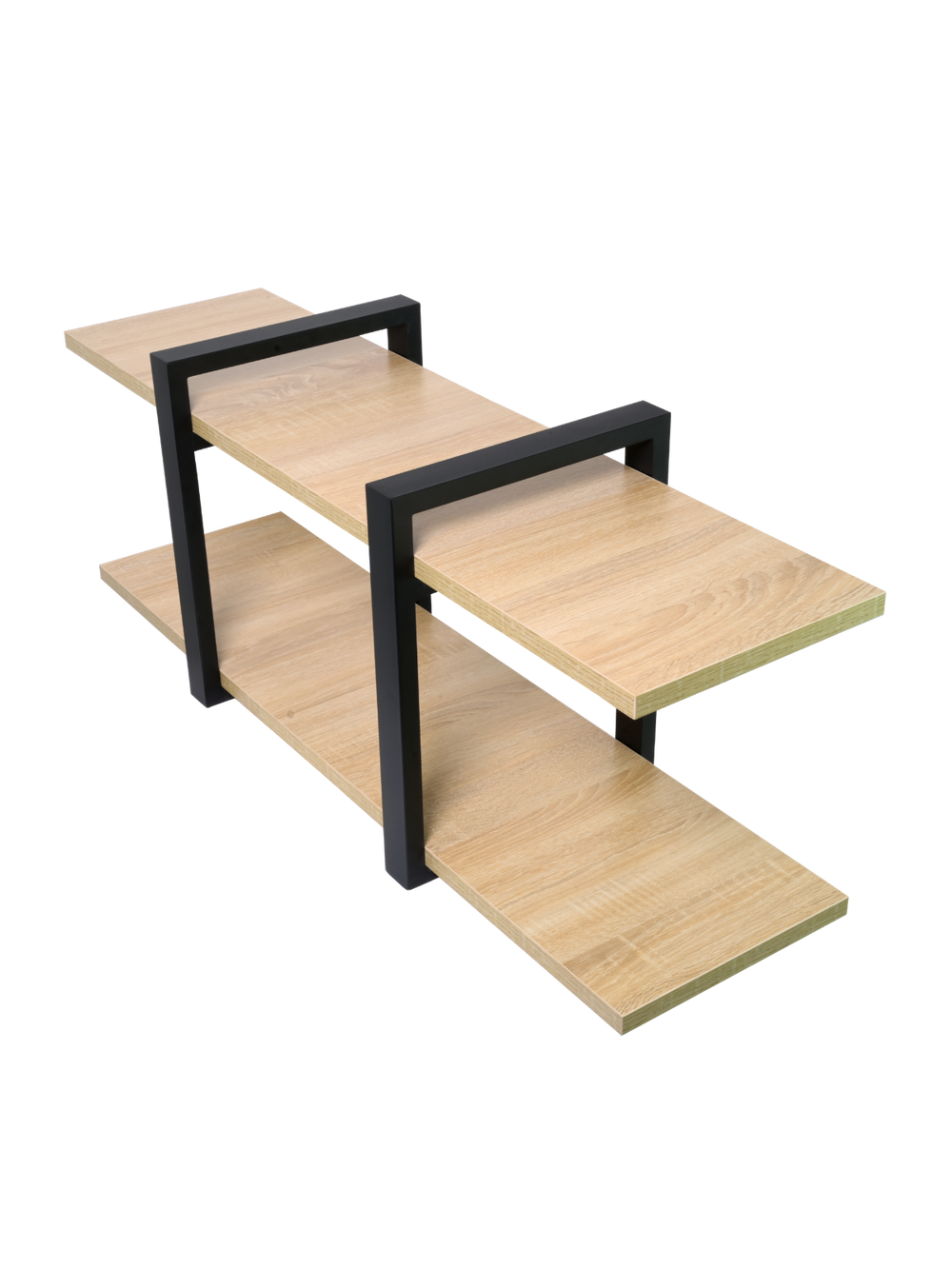 Wandrek van Sonoma eiken met verspringende bodemplaten en zwart metalen frame, schuin aanzicht