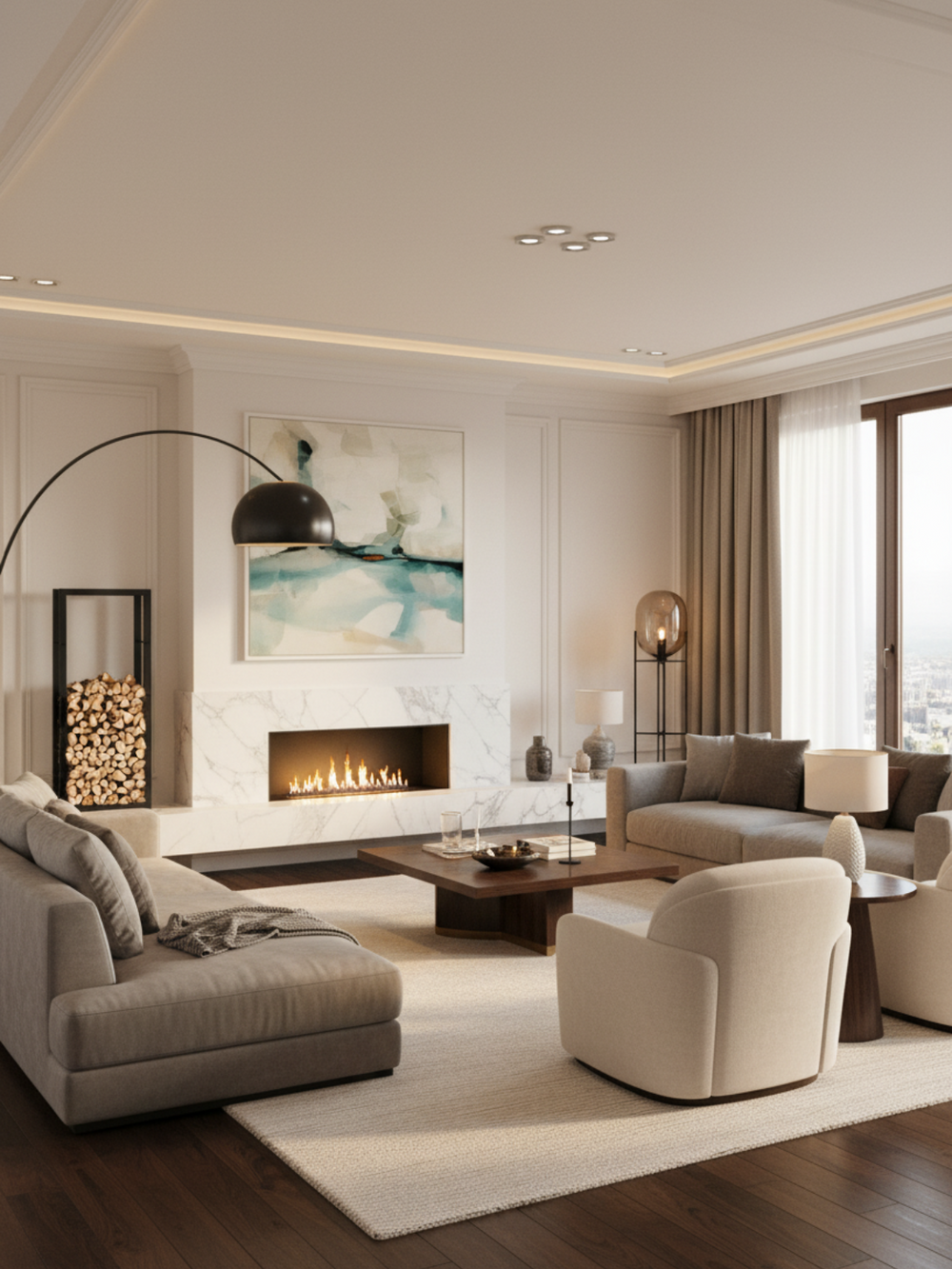Zwart haardhoutrek van metaal met brandhout naast marmeren open haard in een elegante, lichte woonkamer