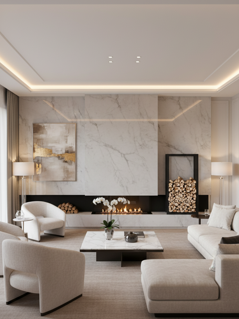Haardhoutrek van zwart metaal met brandhout naast marmeren open haard in een lichte, elegante woonkamer