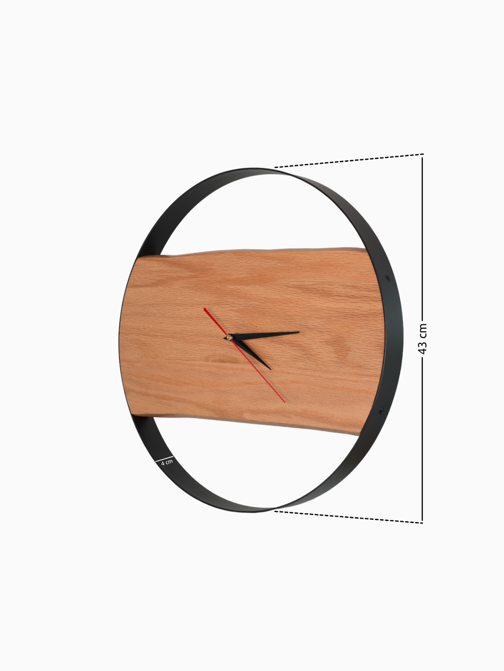 Maattekening van de ronde wandklok met stalen frame en een diameter van 43 cm, schuin aanzicht