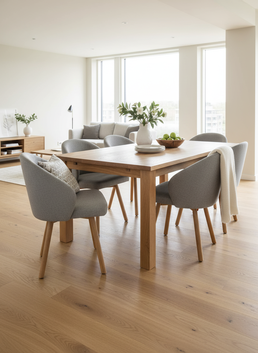 Grijze schaalstoelen aan een houten tafel met bloemenvaas in het lichte eet- en woongedeelte met raamfront