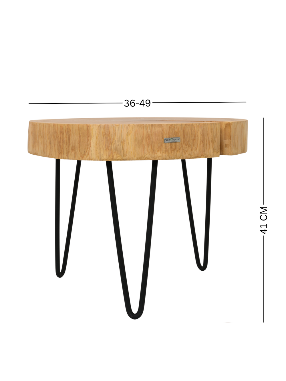 Maattekening van de salontafel van een boomschijf, 36 tot 49 cm diameter en 41 cm hoog