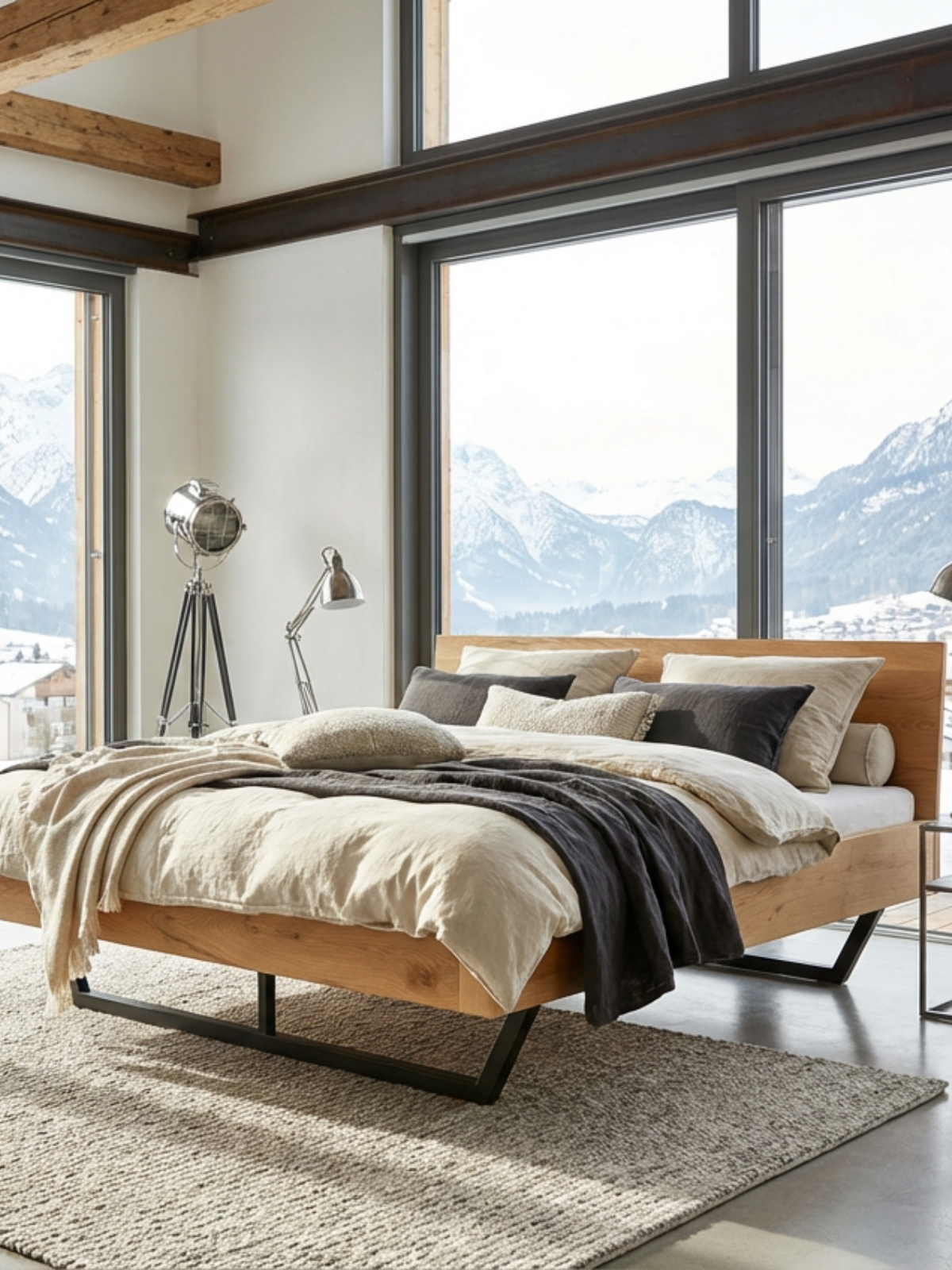 Massief houten bed van eiken met zwart metalen onderstel in een alpiene slaapkamer met bergzicht