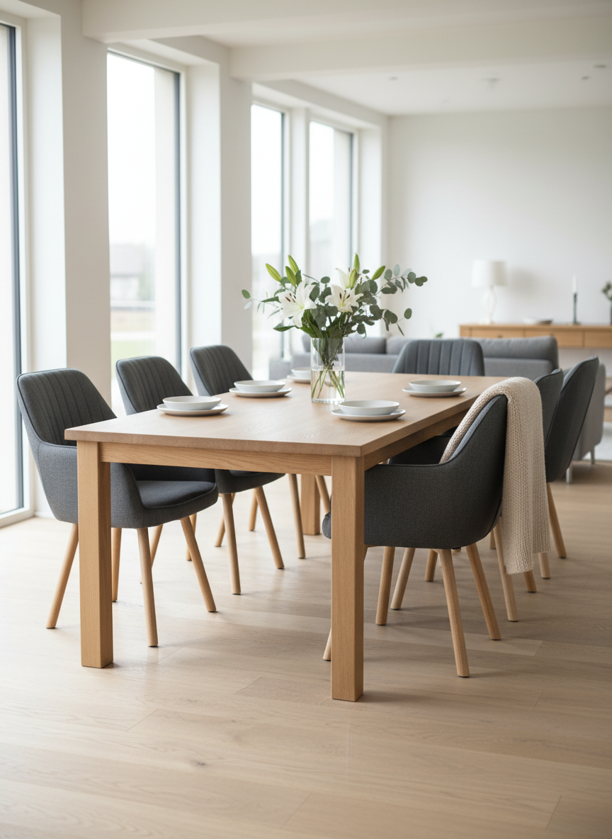 Antracietkleurige eetkamerstoelen aan een houten tafel met bloemenvaas in het lichte eetgedeelte met panoramaraam