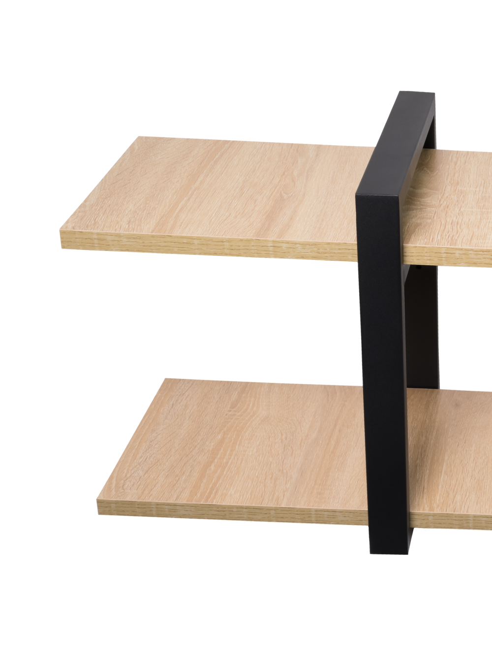 Detailopname van de verspringende bodemplaten van Sonoma eiken met zwart metalen frame van het wandrek