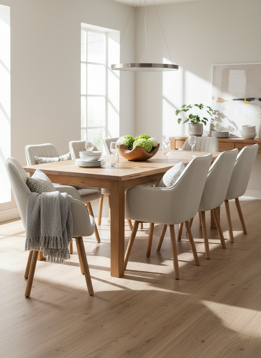 Crèmekleurige eetkamerstoelen aan een houten tafel met ringlamp en groene plant in het lichte eetgedeelte