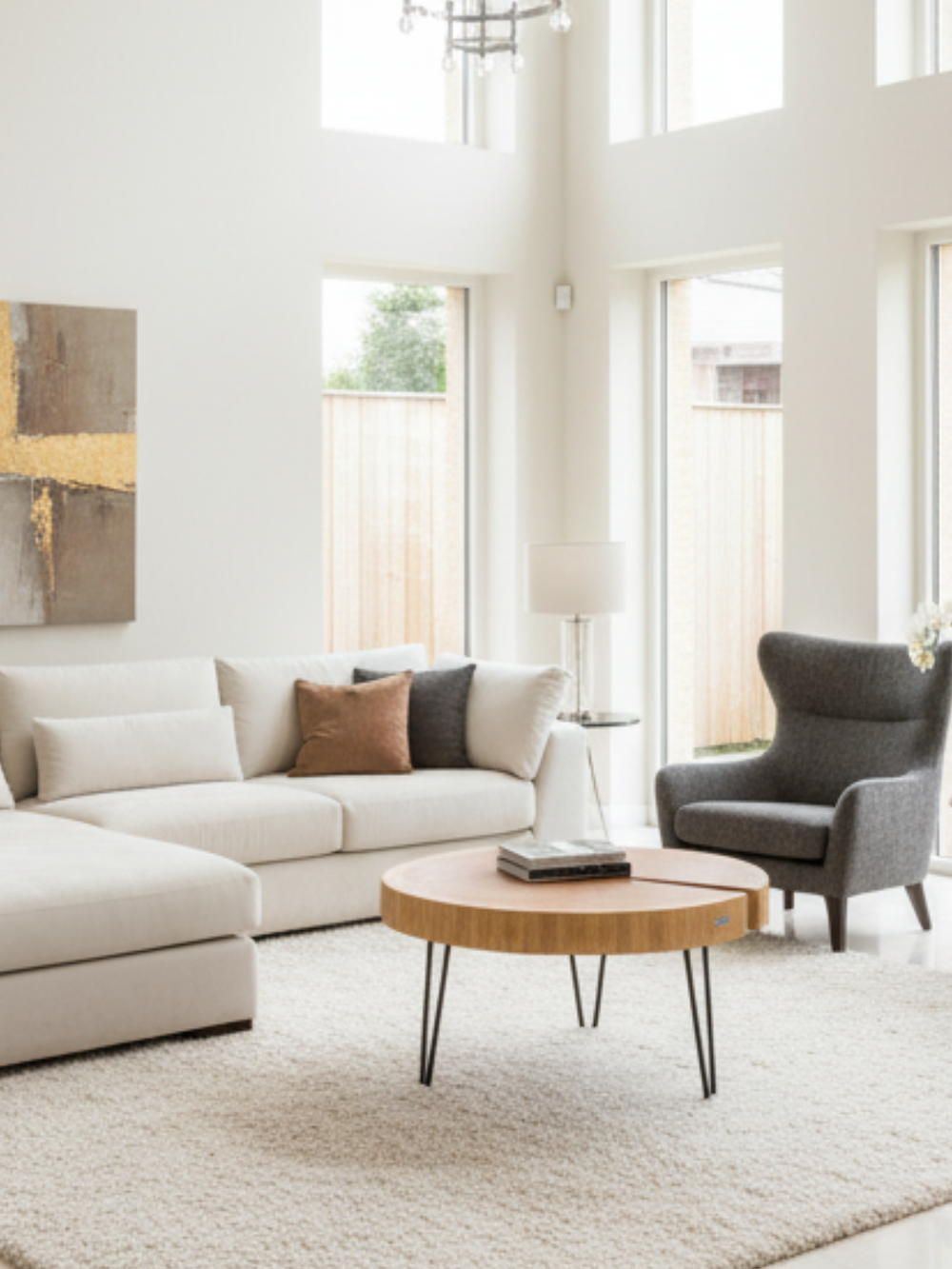Ronde salontafel XL van een eiken boomschijf in een lichte woonkamer met witte bank en fauteuil