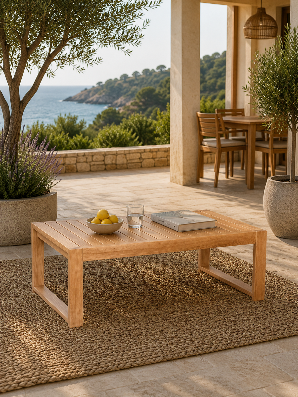 Tuinlounge-tafel van eiken met boeken en citroenen op een terras met zeezicht en olijfbomen