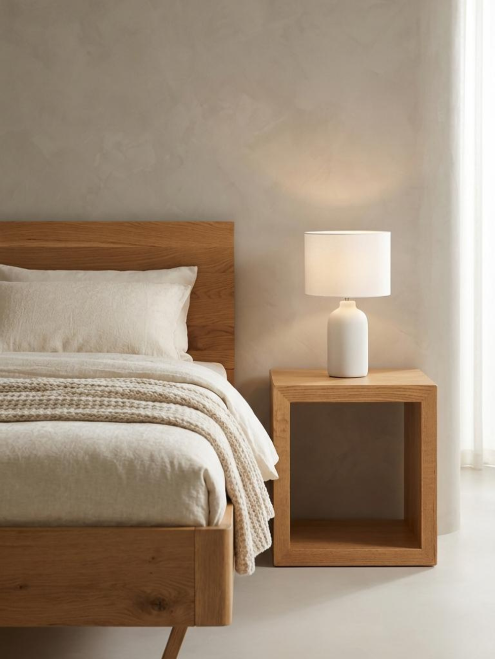 Nachtkastje Cube van eiken naast het bed in de slaapkamer met tafellamp en vetplant op de legplank