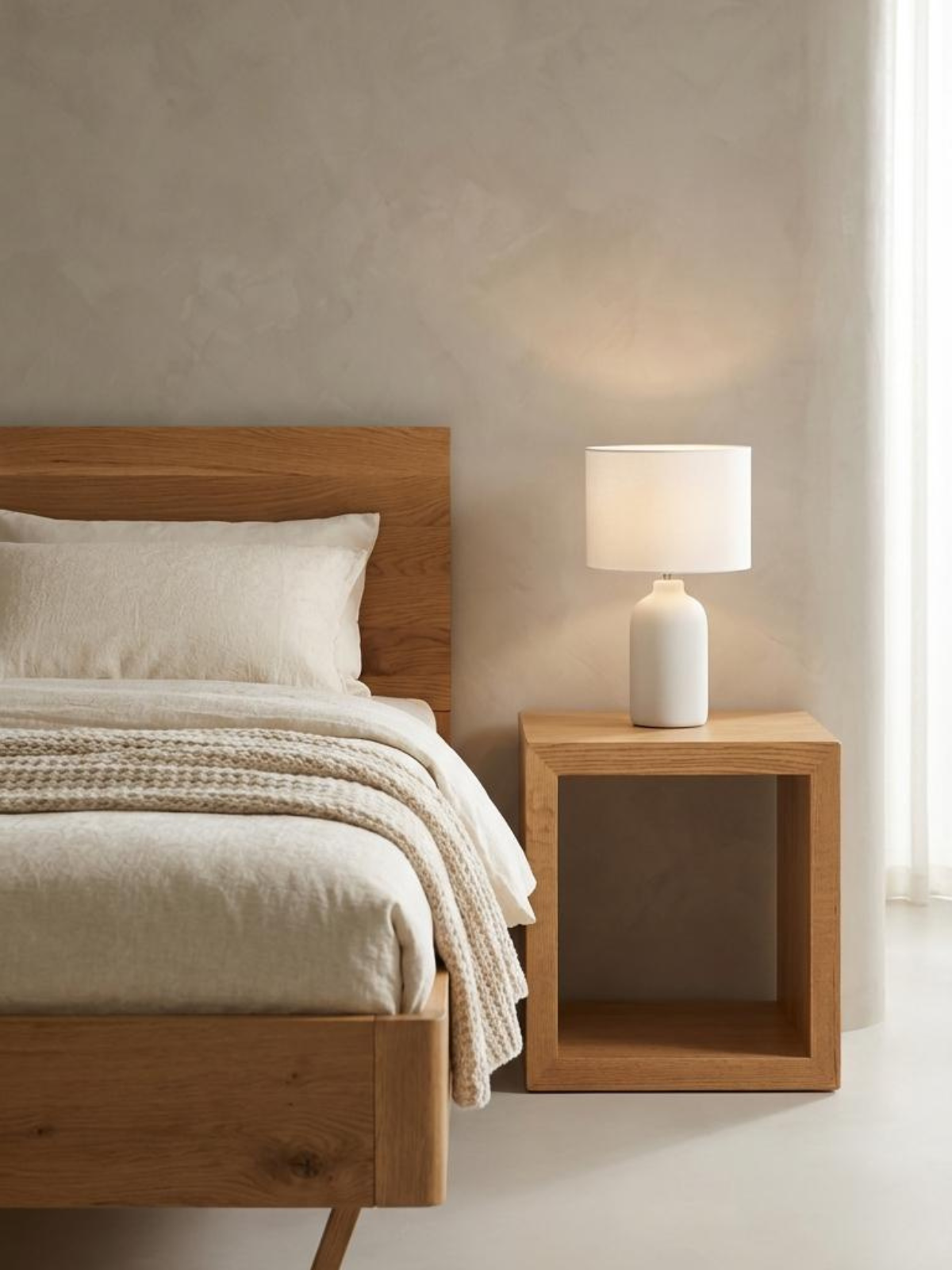 Nachtkastje Cube van eiken naast het bed in de slaapkamer met tafellamp en vetplant op de legplank