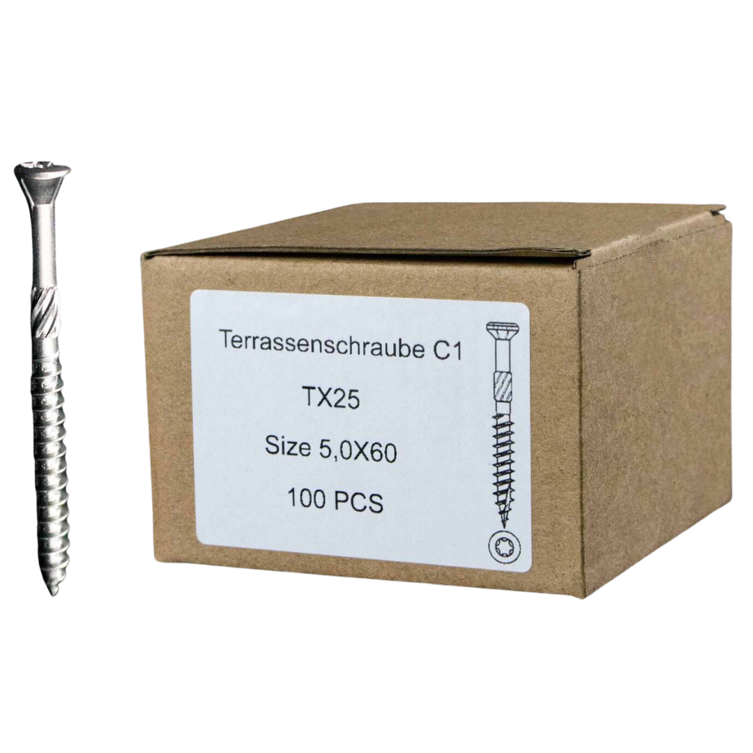 Terrasschroef van roestvrij staal met Torx-kop naast de verpakking met 100 stuks in formaat 5x60