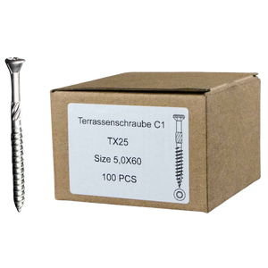 Terrasschroef van roestvrij staal met Torx-kop naast de verpakking met 100 stuks in formaat 5x60
