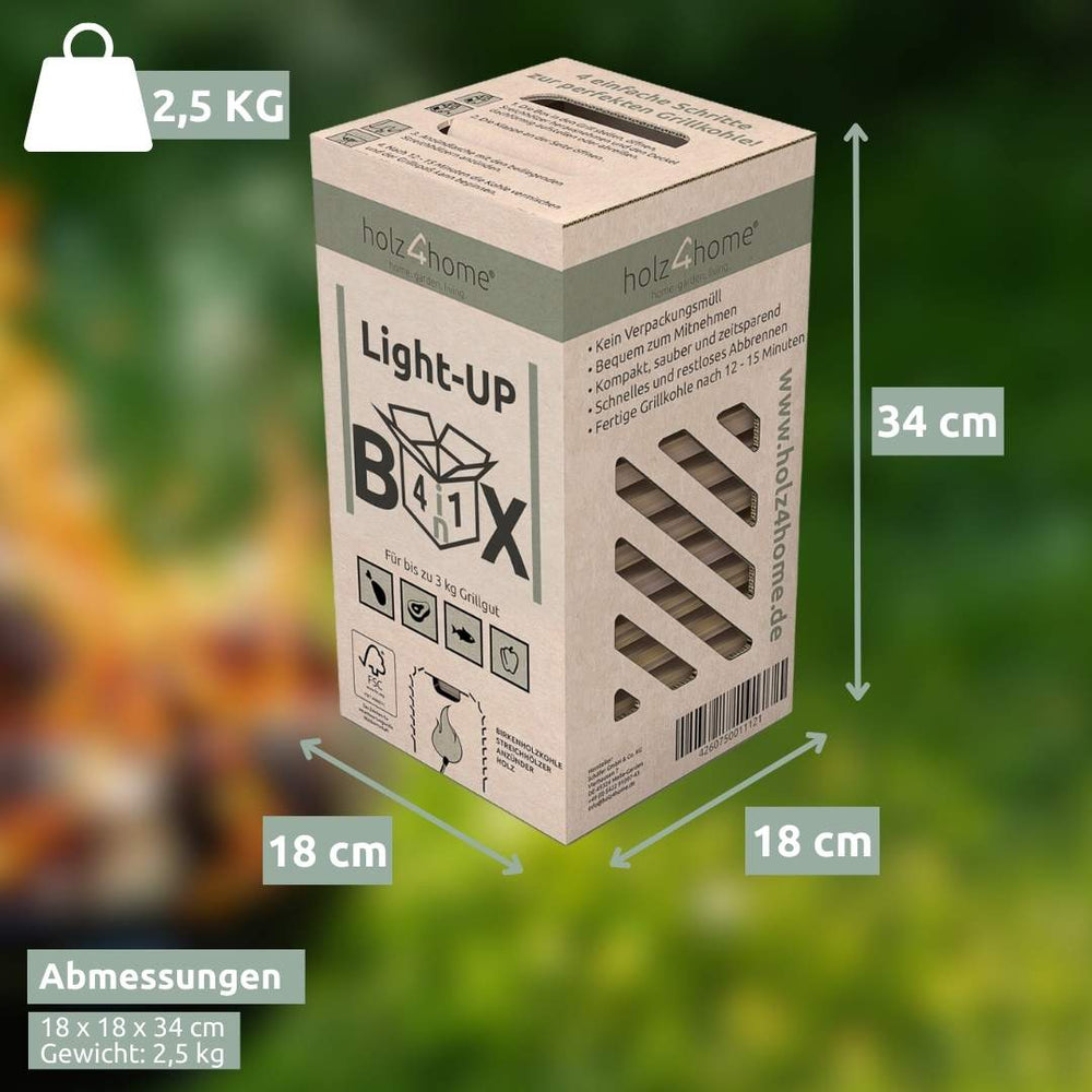 Maatopgave van de Light-Up-Box houtskoolbox met 18 x 18 x 34 cm en een gewicht van 2,5 kg