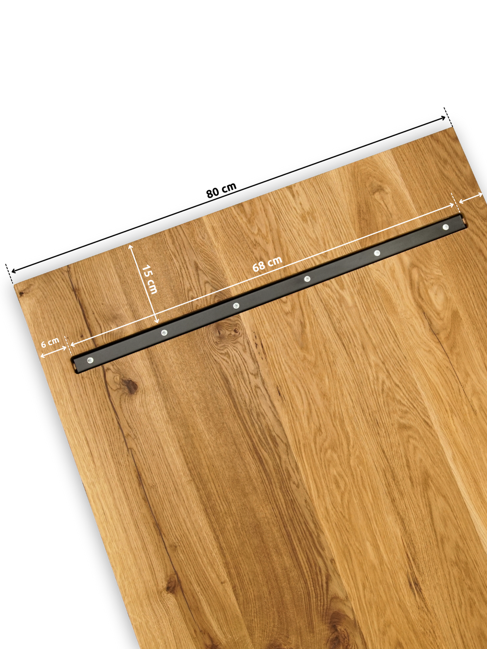 Maatgrafiek van de onderkant van een massieve eikenplaat met gemonteerde voegstrip, maten 68 cm, 15 cm en 6 cm