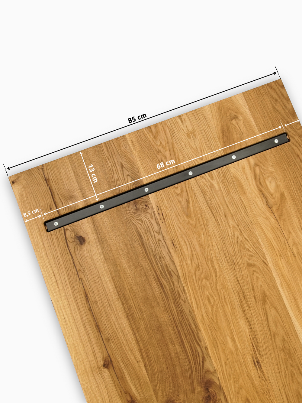 Onderkant van een eiken tafelblad met zwarte voegstrip, bladbreedte 85 cm, voegstrip 68 cm lang