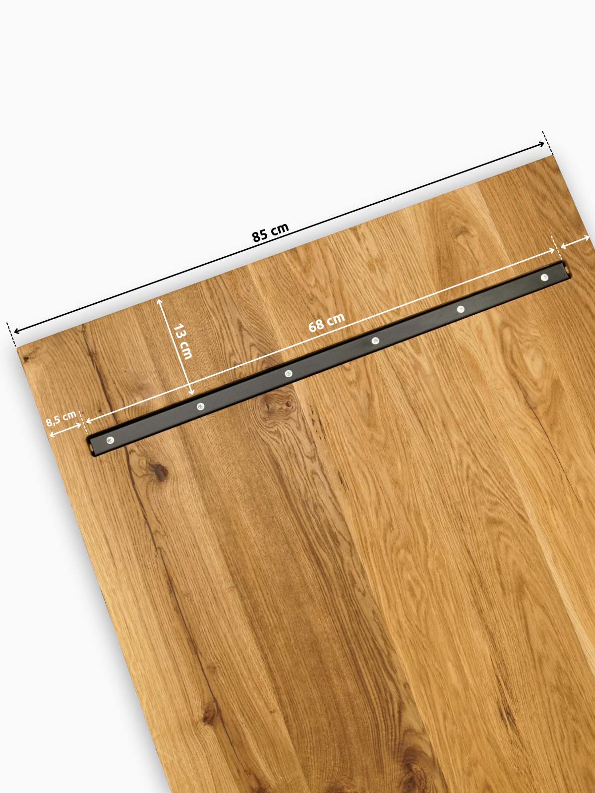 Onderkant van een eiken tafelblad met zwarte voegstrip, bladbreedte 85 cm, voegstrip 68 cm lang