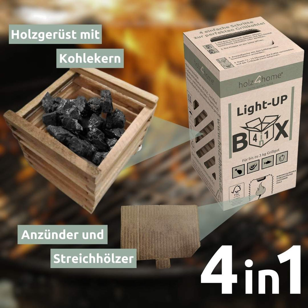 Light-Up-Box met houten frame, houtskool en aanmaakblokje als 4-in-1 grillbox boven een barbecuevuur