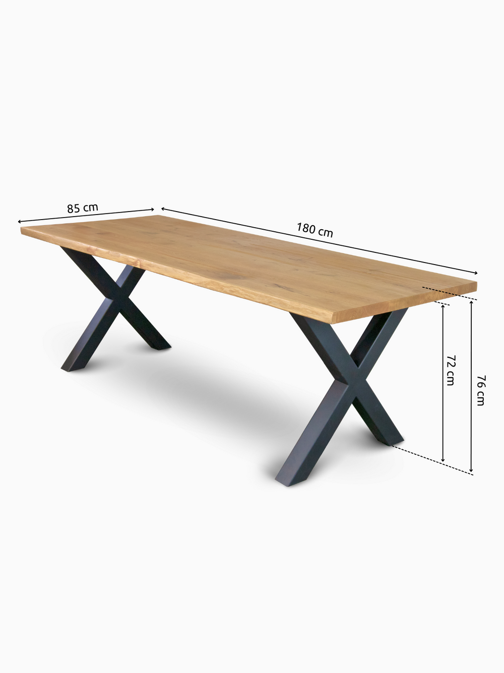 Massief houten tafel eiken met boomstamrand, Hora X-onderstel, afmeting 180 x 85 cm, onderstelhoogte 76 cm