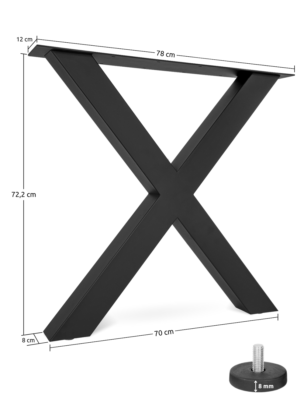 Maattekening van de X-tafelpoot Hora, 78 cm bovenbreedte, 70 cm onderbreedte en 72,2 cm hoog