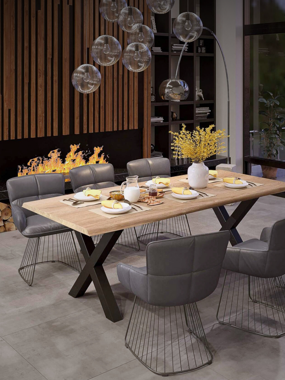 Massief houten tafel op zwarte X-tafelpoten Hora in een moderne eetkamer met grijze leren stoelen