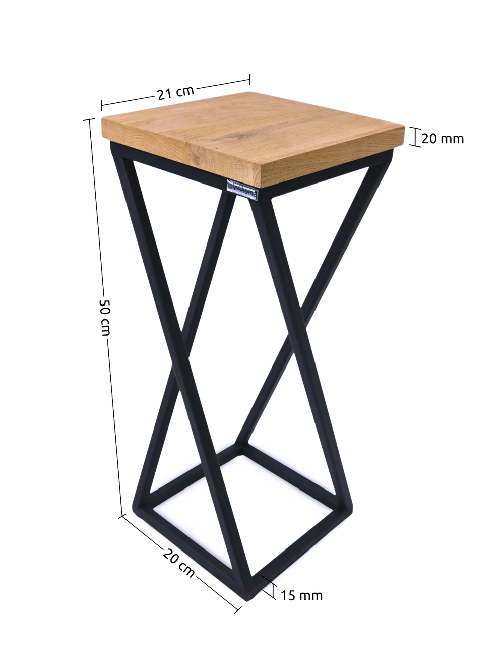 Maattekening van de decoratiestandaard van eiken, 21 cm breed, 20 cm diep en 50 cm hoog