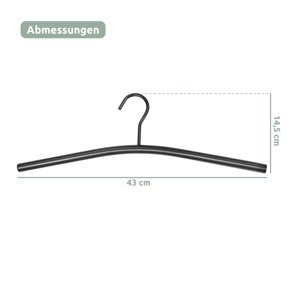 Maattekening van de kledinghanger van metaal, 43 cm breed en 14,5 cm hoogte van de haak