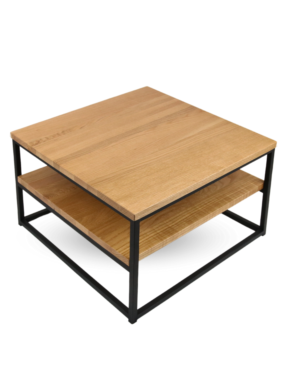Salontafel van eiken met twee bladen en zwart metalen onderstel, schuin aanzicht