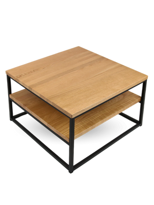 Salontafel van eiken met twee bladen en zwart metalen onderstel, schuin aanzicht