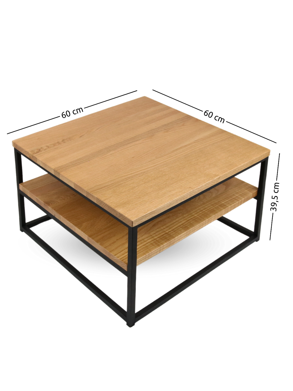 Maattekening salontafel eiken, 60 cm breed, 60 cm diep, 39,5 cm hoog