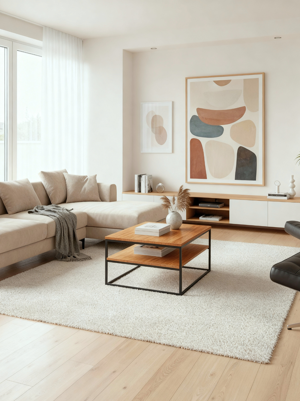 Salontafel van eiken in de lichte woonkamer voor een beige bank, decoratie op het bovenblad