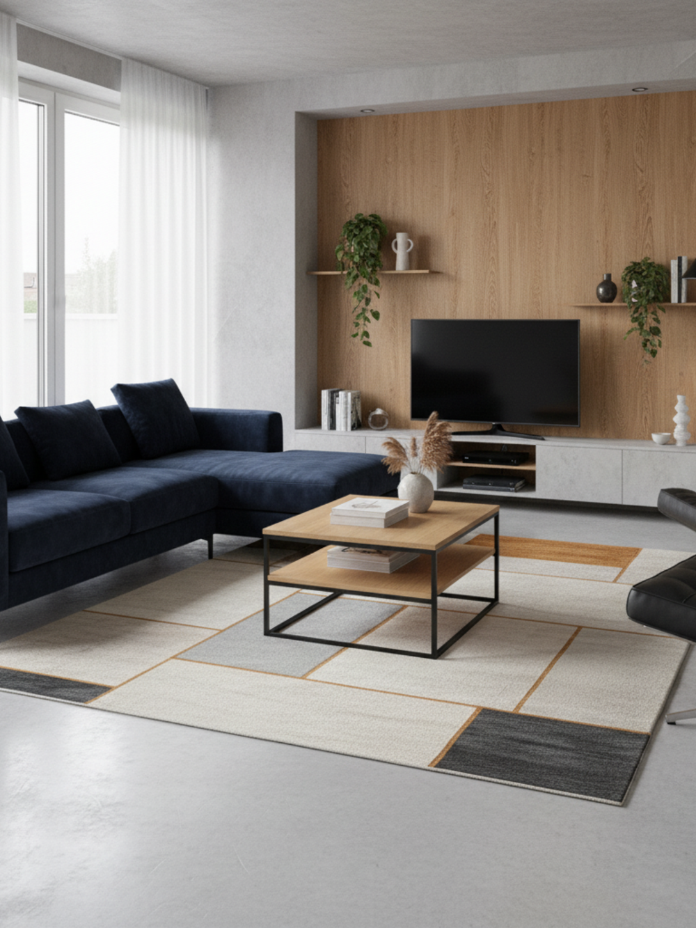 Eiken salontafel met onderste legplank in de woonkamer voor een donkerblauwe bank en houten wand