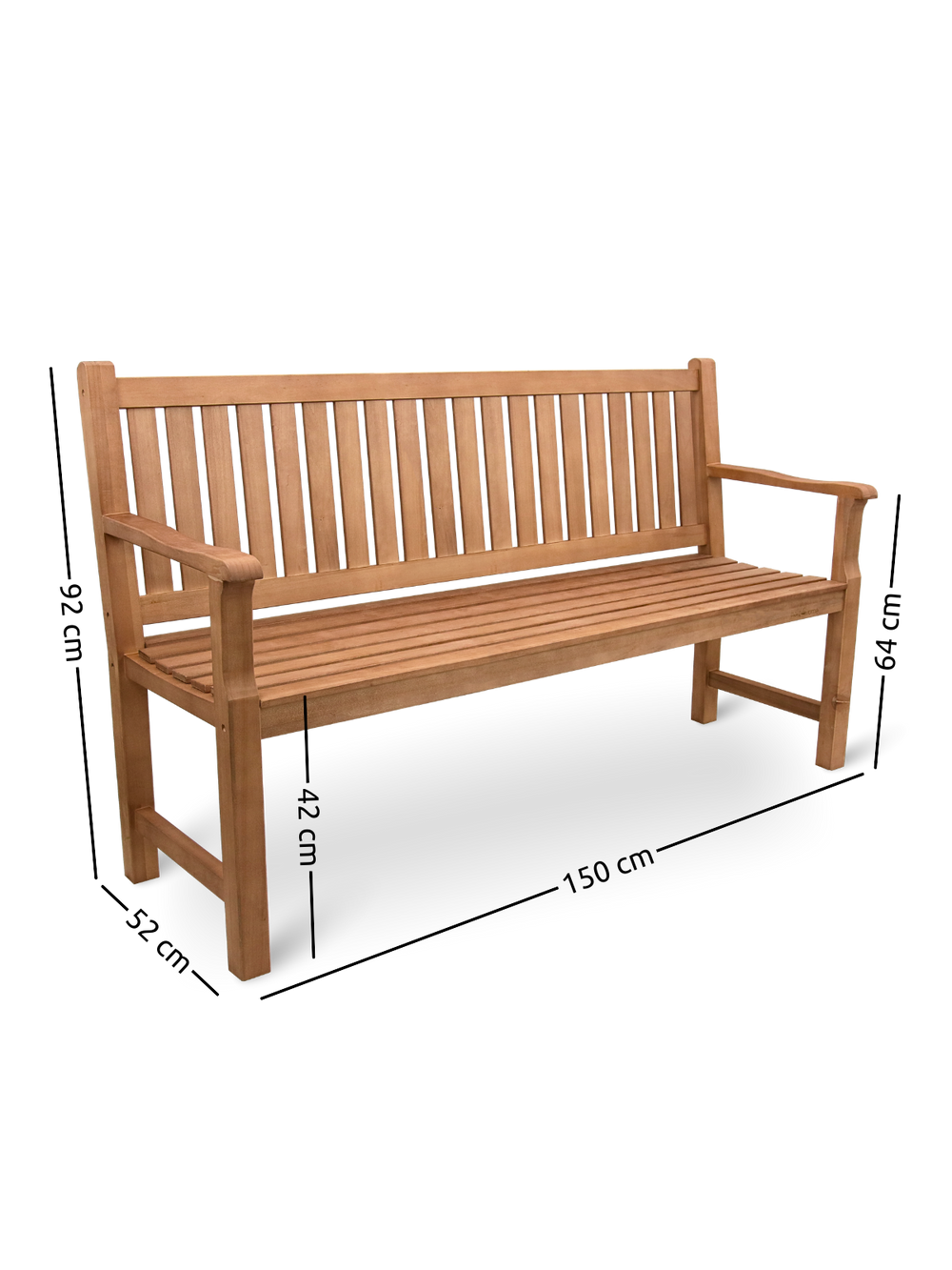 Maattekening tuinbank hout: 150 cm breed, 92 cm hoog, 52 cm diep