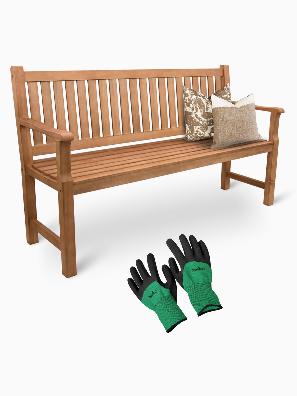 Houten tuinbank 150 cm met groene tuinhandschoenen in de levering