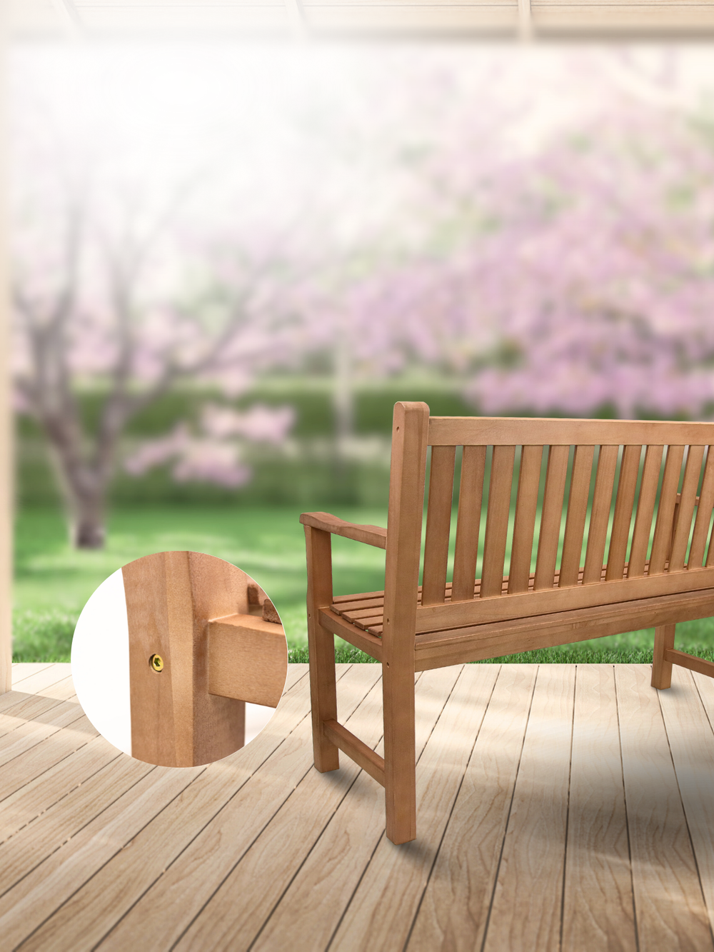 Tuinbank van hout op het terras, detail van de verschroefde hoekconstructie
