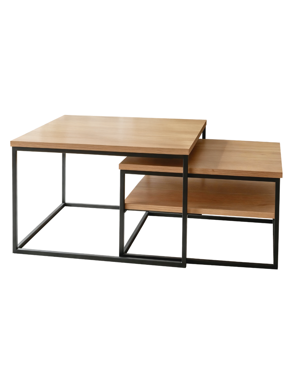 2-delige set salontafels van eiken met zwart metalen onderstel, grote en kleine tafel in elkaar geschoven