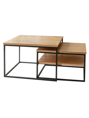 2-delige set salontafels van eiken met zwart metalen onderstel, grote en kleine tafel in elkaar geschoven