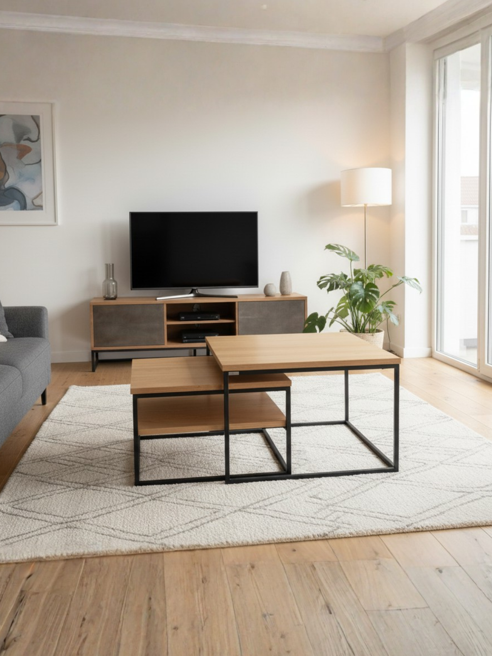 2-delige set salontafels eiken in de woonkamer voor een tv-sideboard, zijaanzicht op een licht vloerkleed