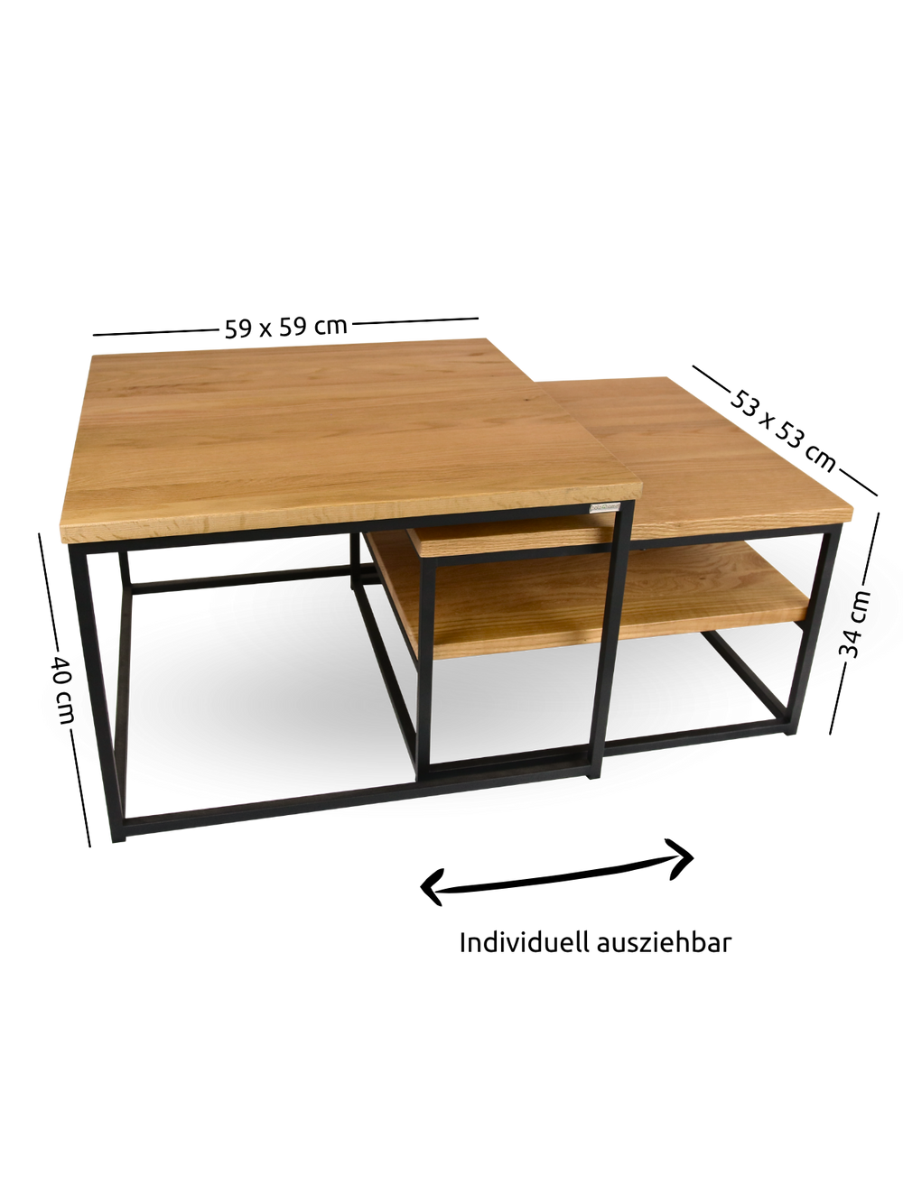 Maattekening 2-delige set salontafels eiken: 59x59 en 53x53 cm, hoogte 40 en 34 cm, uittrekbaar