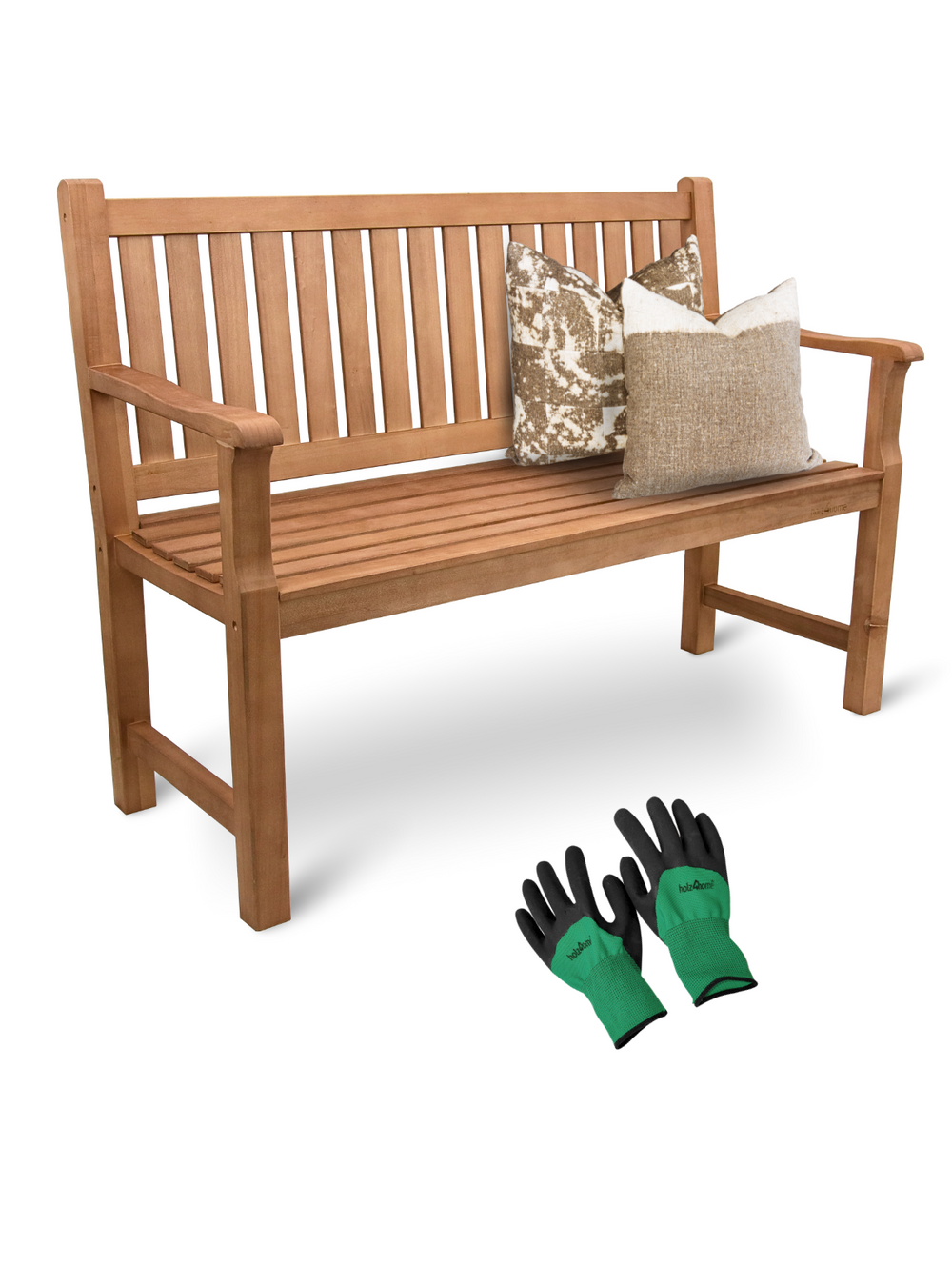 Houten tuinbank met sierkussens en tuinhandschoenen als accessoires