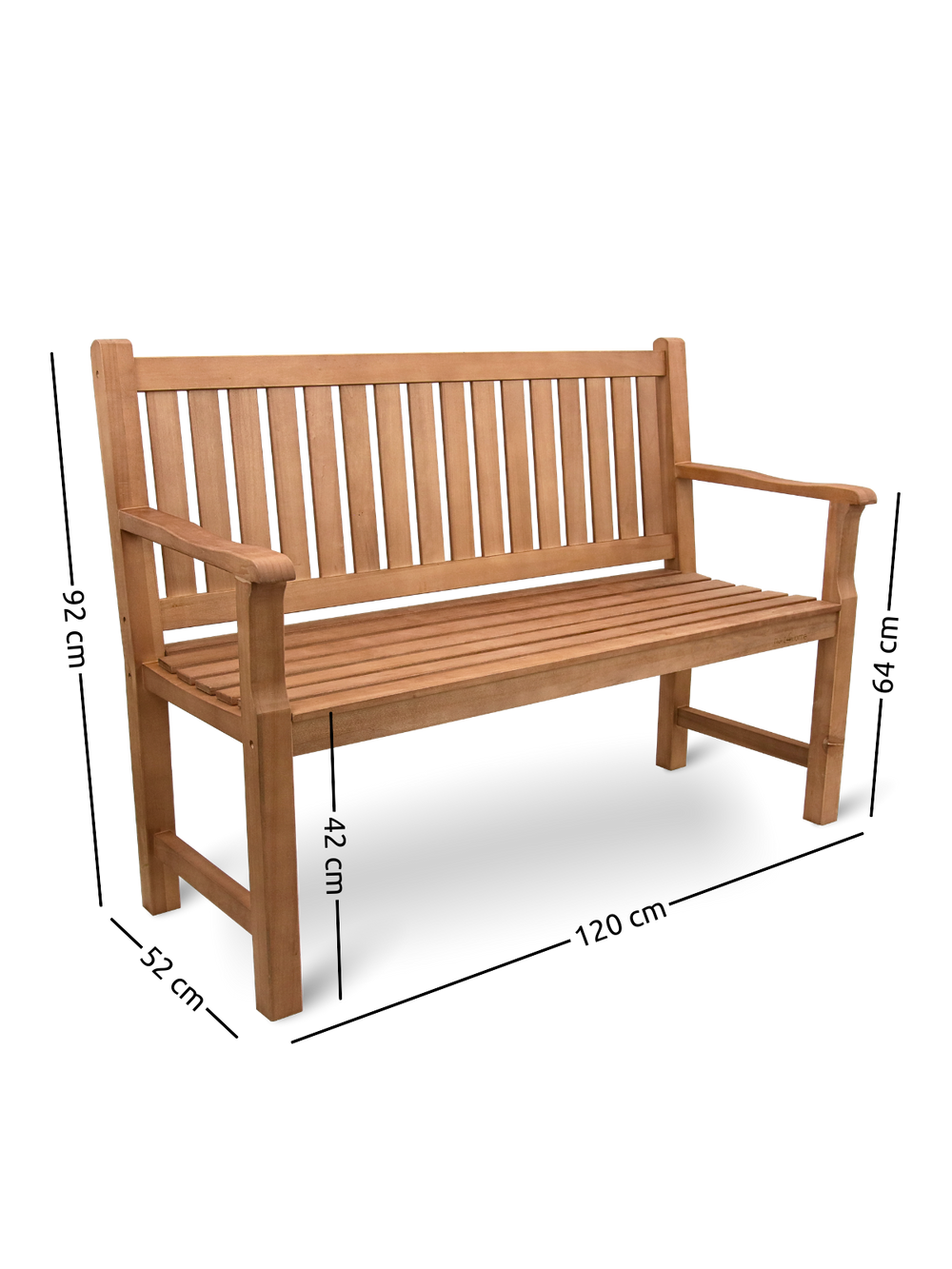 Maattekening houten tuinbank: 120 cm breed, 92 cm hoog, 52 cm diep
